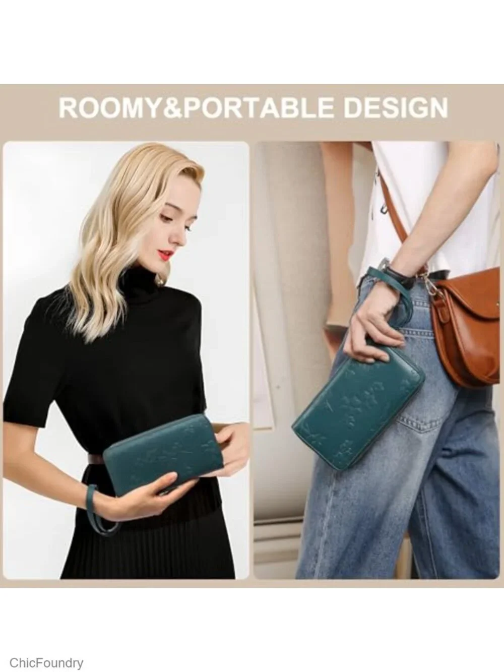Large Capacity Vegan Leather RFID Blocking Double Zip Wristlet Wallet with Card